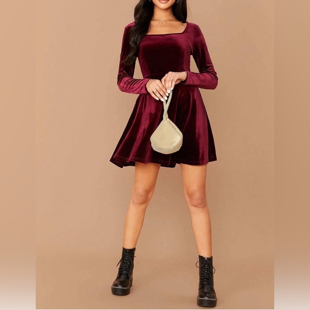 SHEIN Burgundy Velvet High Low Dress